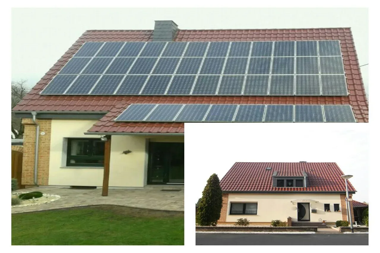 Vorher-nachher: Altbau in Rheinberg mit neuen weinroten Tondachziegeln und PV-Anlage