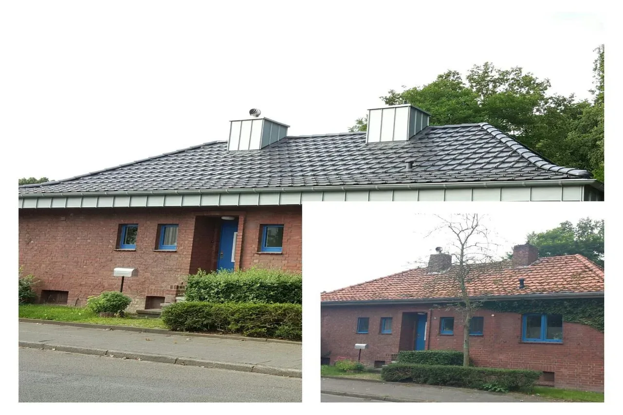 Vorher-nachher: Bungalow in Rheinberg-Budberg mit neuem Dach, Zink-Stehfalzband und Schornsteinen in Rheinzink