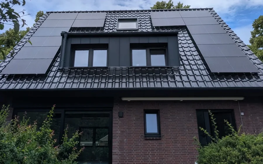 Rückseite eines Hauses in Kempen mit schwarzem Tonziegeldach, Stehfalz-Gaube und PV-Anlage