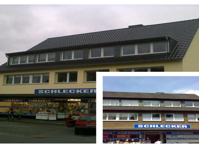 Vorher-nachher-Collage eines Wohn- und Geschäftshauses in Rheinberg mit neuem Dach und Gauben