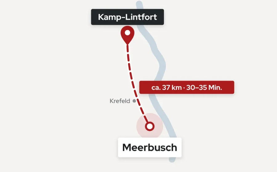 Einsatzgebiet von Baumeister Dachtechnik: Anfahrt von Kamp-Lintfort nach Meerbusch, ca. 37 km